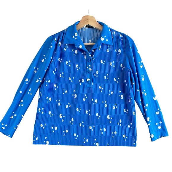Vintage Hal Ferman Blue Pleated Popover Shirt Blouse Top Micropleat 70s Disco - Picture 1 of 8